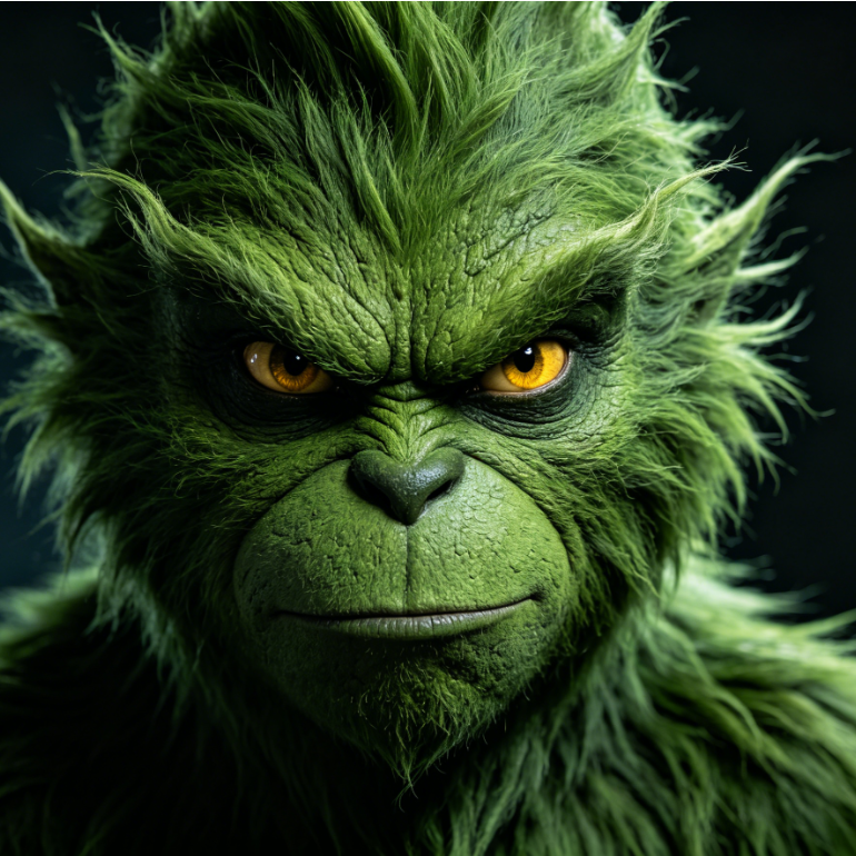 AI Grinch filter cold and domineering effect, dark green rough furry skin with sharp amber eyes, cool studio background, dark high-end texture AI special effect portrait