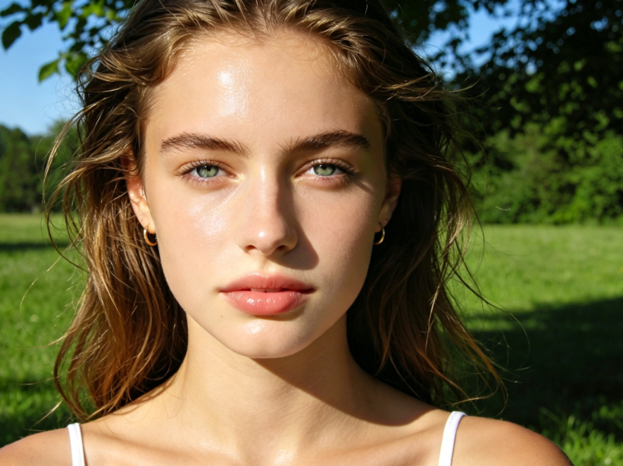 AI shine removal effect on portrait, unchanged makeup, lighting and background, oily shine removed from face while preserving natural skin texture, soft matte finish