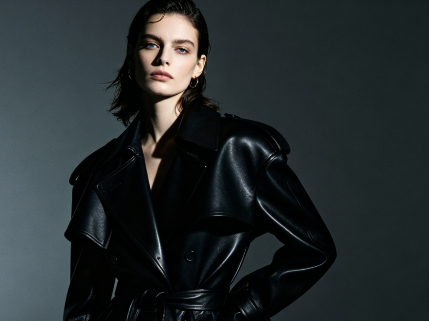 AI earring swap demonstration: The model in the black leather coat is wearing simple gold hoop earrings generated by AI, showcasing the ability to quickly switch earring styles compared to the long earrings.