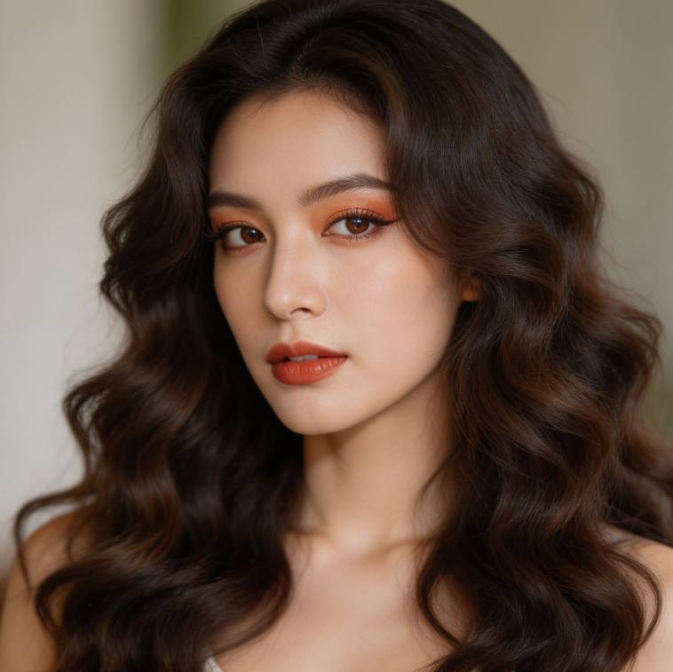 AI French-style wavy hair effect on mature woman portrait, unchanged makeup and background, hair transformed into layered, fluffy French waves with relaxed natural curls, sophisticated and romantic vibe