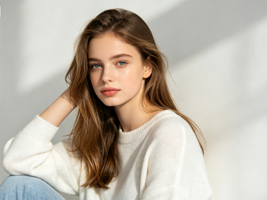 Fresh indoor studio half-body portrait of a white girl, soft facial features with casual outfit, pale cool-toned skin, natural light realistic texture, clean solid background, original image for AI skin color changer