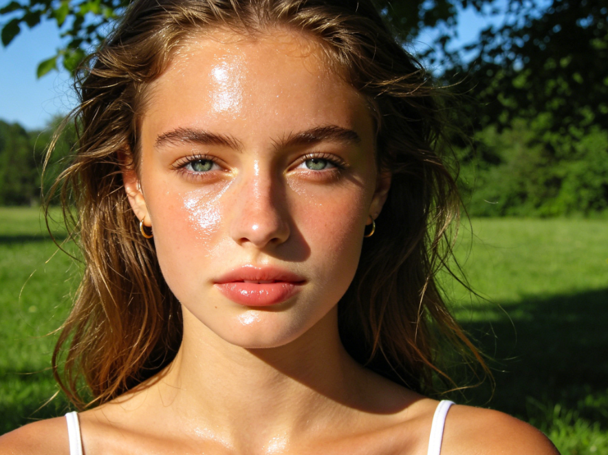 Summer outdoor portrait of European teen in white camisole, light makeup, obvious oily shine on forehead, nose and cheeks under natural light, original image for AI shine removal