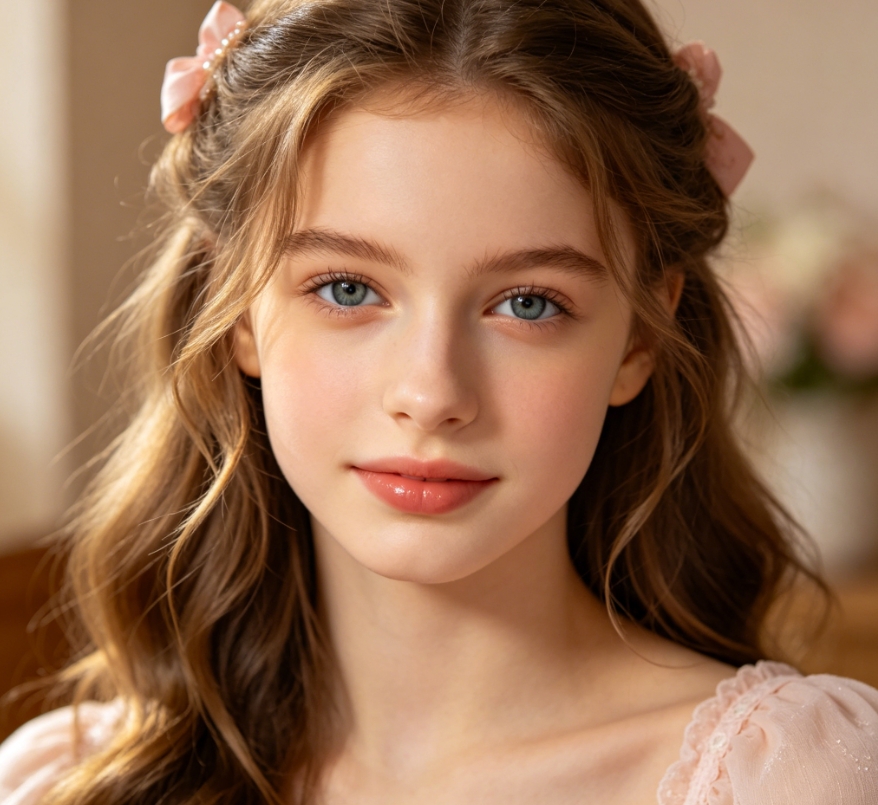 AI-generated portrait of a young European-American girl with pink hair bows and a light pink tulle dress, soft indoor background, light brown half-up hair and blue eyes, sweet gentle style AI gender-swap character photo