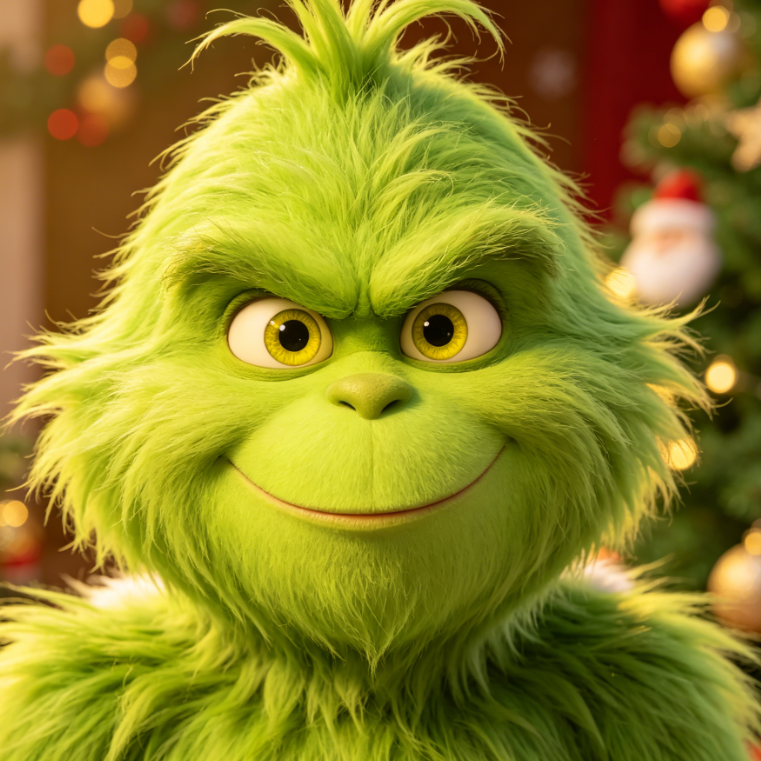 AI Grinch filter warm and cute effect, light green furry skin with big round eyes, indoor Christmas background, healing and childlike style AI special effect portrait
