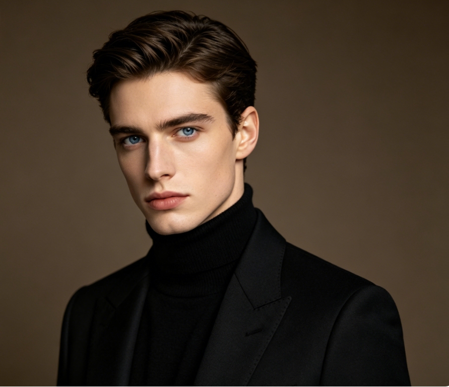 AI gender-swapped abstinent male portrait, retaining original facial features, dark brown background with black suit hairstyle, cool temperament with blue eyes, same style 8K high definition conversion effect picture