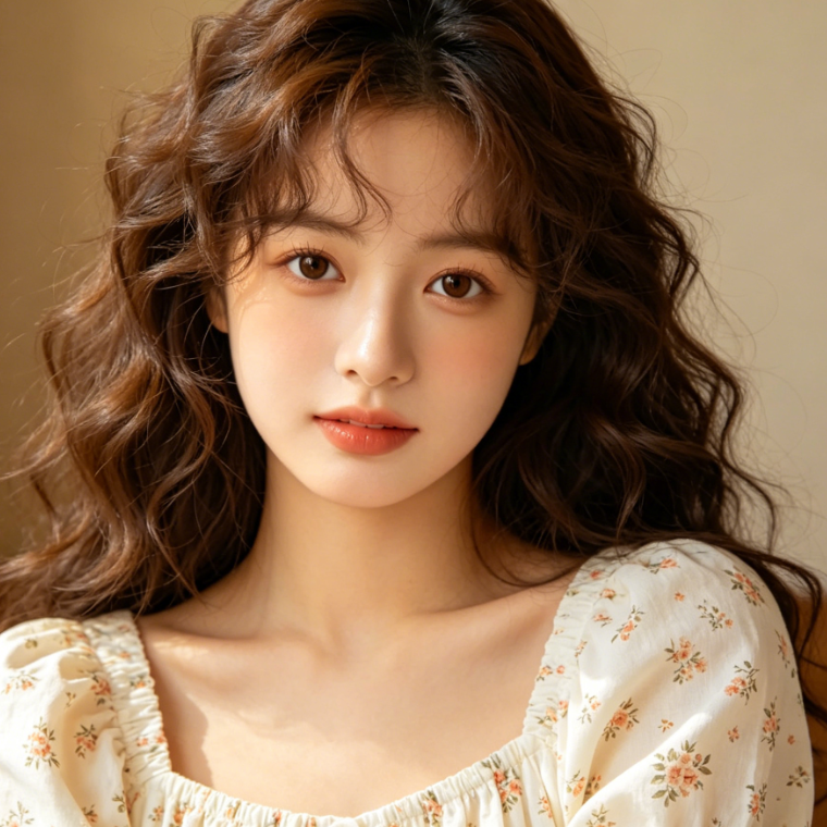 AI brown eye filter effect for a sweet Japanese-style girl, fluffy curly hair with floral dress, warm light brown eyes with gentle gaze, soft indoor lighting and cozy simple background
