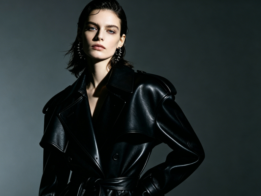 AI virtual try-on showcase: A fashion model in a black leather trench coat wearing AI-generated statement long silver tassel earrings, demonstrating a cool and edgy accessory styling effect.