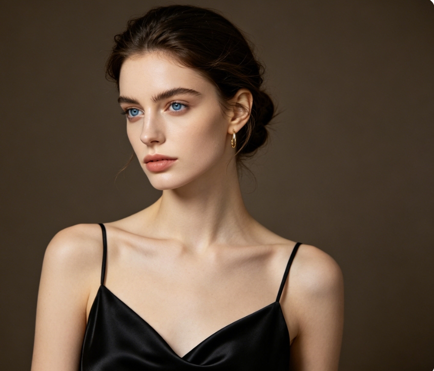 Minimal studio portrait of cold elegant European American woman, dark brown solid background, black satin camisole dress, original image for AI gender swap, neat updo and blue eyes, high-definition 8K low saturation photography