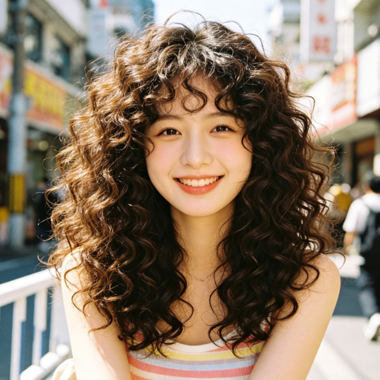 AI woolly perm effect on young woman outdoor portrait, unchanged casual outfit and street background, hair transformed into voluminous dense wool curls, bouncy and energetic texture, lively style preserved