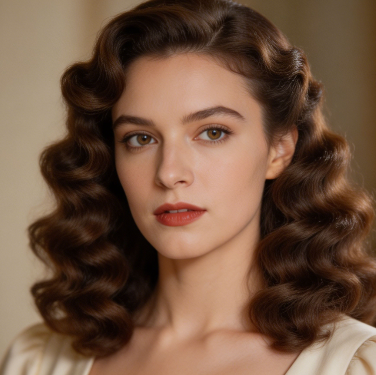 AI retro Hollywood wave curl effect on European woman portrait, warm studio lighting, unchanged face and outfit, hair transformed into refined vintage finger waves with elegant curves, classic old-Hollywood atmosphere