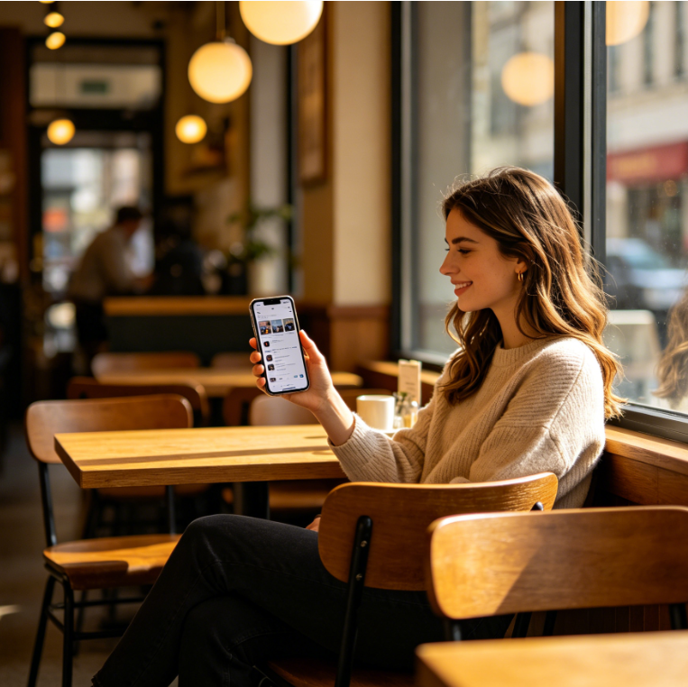 AI screen glare removal effect on daily cafe photo, European woman holding phone, window and light reflections on screen eliminated under warm indoor light, screen content restored, harmonious and natural image