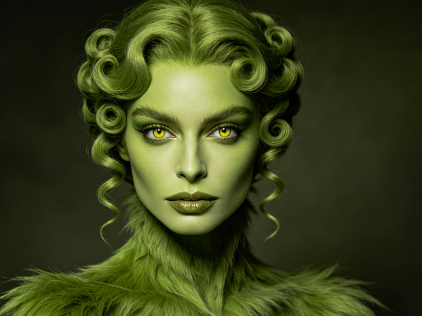 AI Grinch filter elegant anthropomorphic effect, retaining original facial features, matte green fur texture with yellow vertical pupils, luxury studio mysterious glamour style portrait