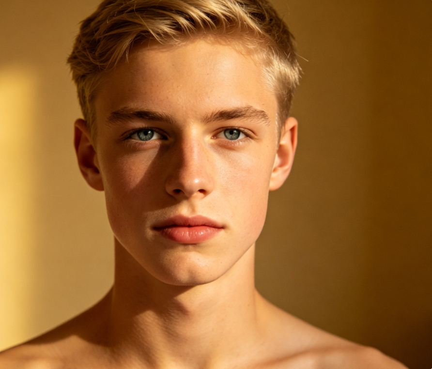 Realistic portrait of young Caucasian male at home, soft facial features with light hair, casual outfit, warm light close-up, original image for AI Grinch filter