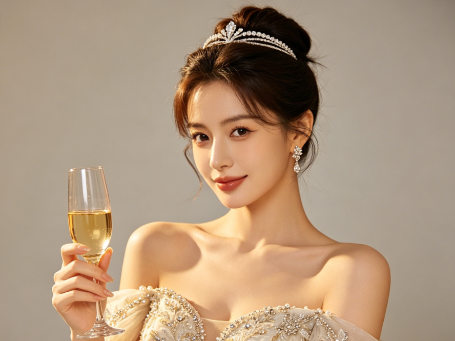 Luxury studio portrait of a European American woman in an evening gown, elegant updo with embroidered dress, soft high-end lighting, simple solid background, original image for AI brown eye filter