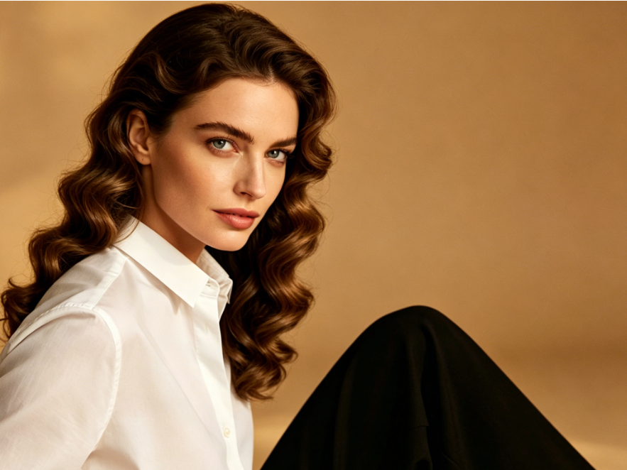 AI curly hair effect, unchanged facial features, body shape and background, hair transformed into retro French curls with refined arcs, elegant and vintage atmosphere preserved
