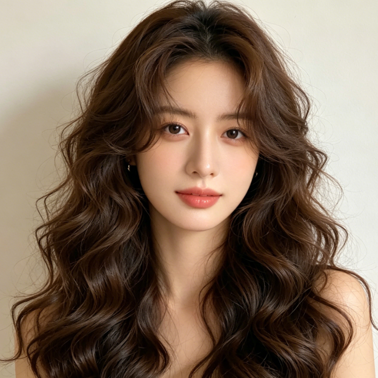 AI curly hair filter effect on East Asian woman portrait, unchanged facial features and background, hair transformed into loose, fluffy big waves with soft natural curls, gentle and intellectual vibe