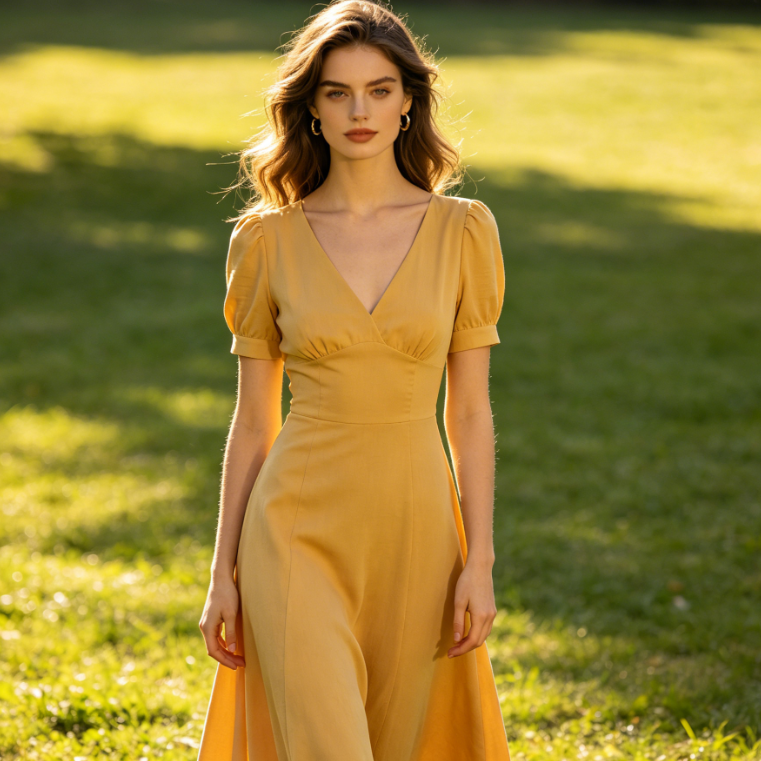 European woman with unchanged figure and expression, fitted French dress, gentle ladylike style