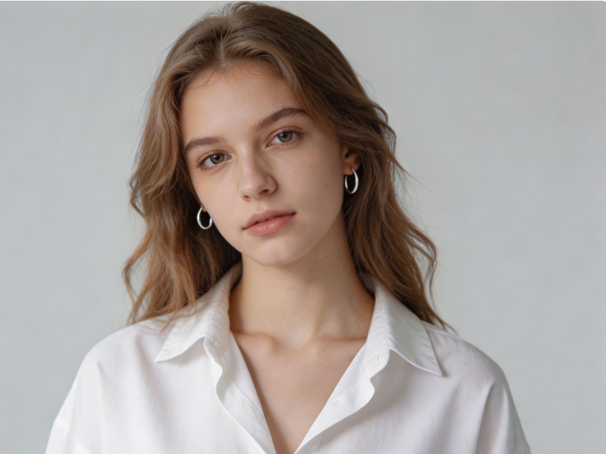 AI jewelry addition effect, studio portrait of cool European teen in white shirt, unchanged light gray background, with simple silver hoop earrings on both ears, natural lighting integration, subtle everyday elegance