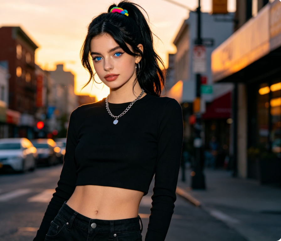 Urban street dusk portrait, cool stylish black-haired European American girl, ponytail with overalls outfit, original photo for AI gender swap, warm light atmosphere 8K high definition
