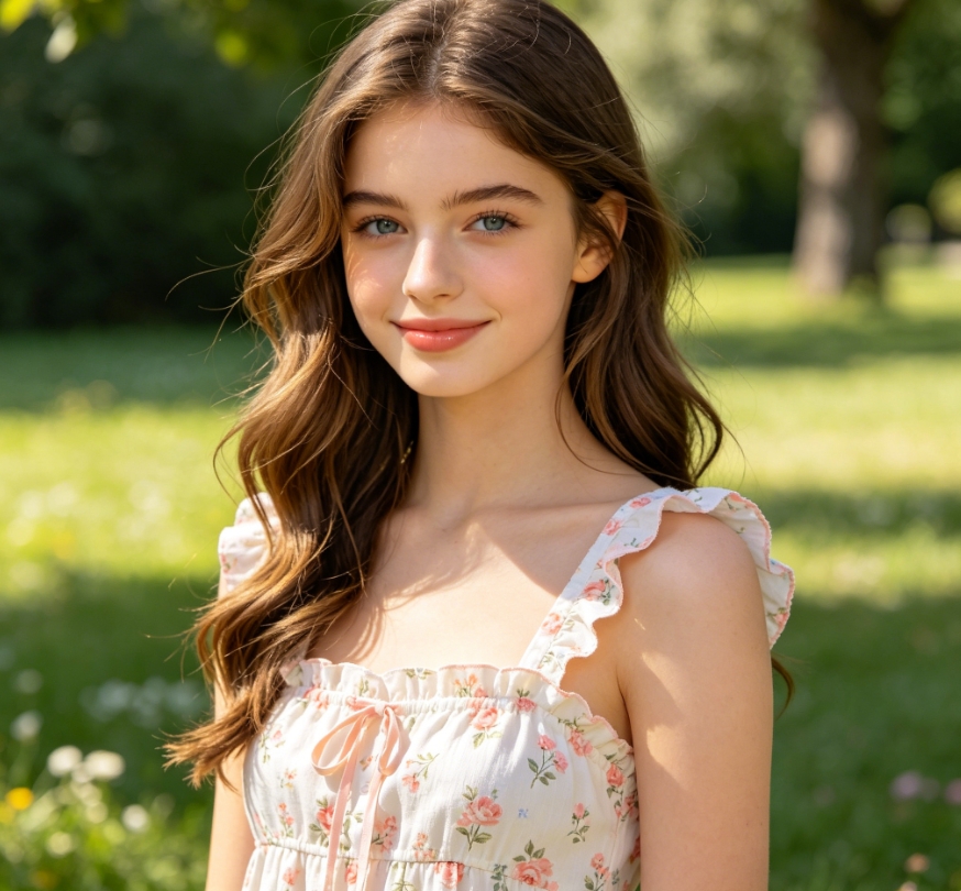 AI-generated portrait of a young European-American girl in a pink floral camisole dress, outdoor sunny park background, light brown wavy hair and blue eyes, fresh natural style AI gender-swap character photo