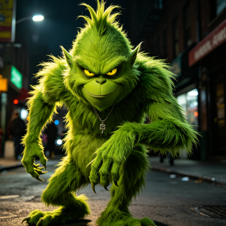 AI Grinch filter cool anthropomorphic effect, dark green furry skin with yellow eyes, night street background, edgy and handsome style, Christmas-themed AI special effect portrait