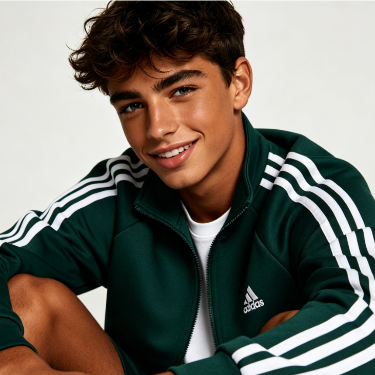AI skin tone conversion picture, European teenage studio portrait, unchanged sportswear and posture, rich chocolate skin tone, plain simple background