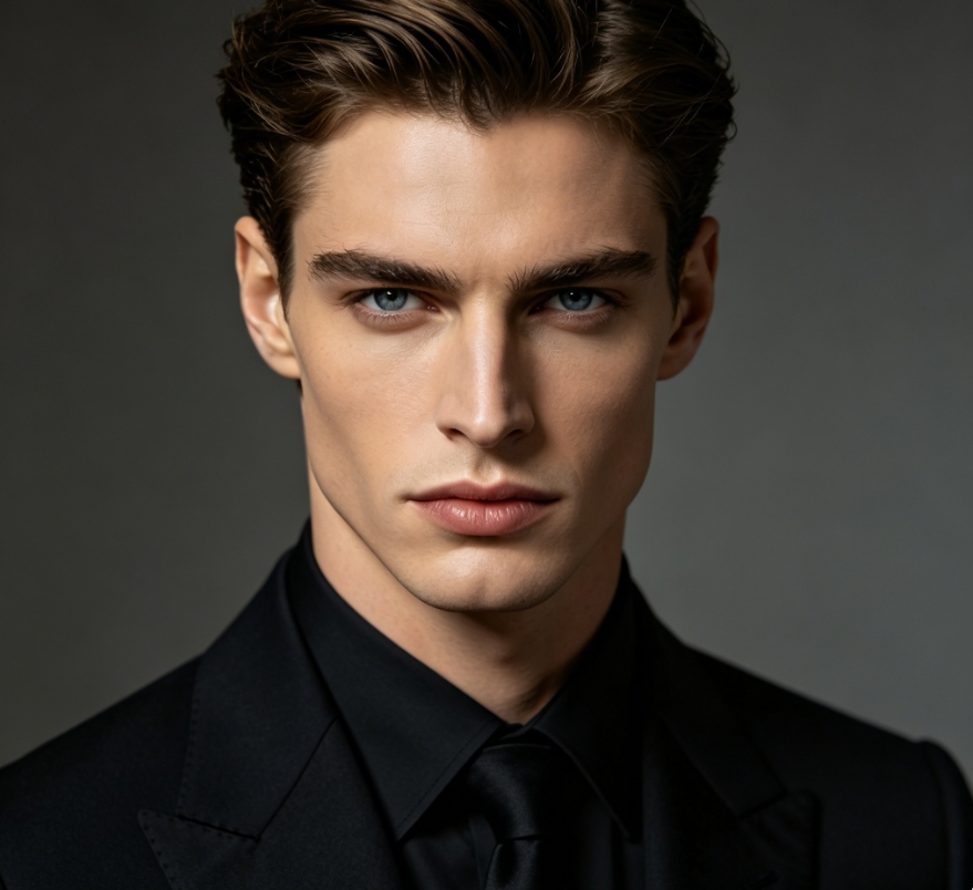AI-generated portrait of a handsome European-American man in a black suit and shirt, studio shot with neutral background, dark brown styled hair and blue eyes, business fashion AI gender-swap character photo