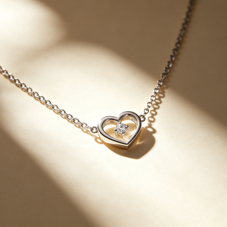 AI glare removal effect on silver heart-shaped diamond necklace product photo, minimalist warm beige background, overexposed reflections on metal surface softly processed, restoring texture and chain details while preserving jewelry luster, clean and clear image