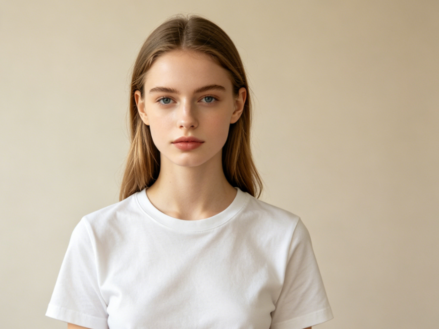 young European girl in plain short sleeve, simple light background, soft indoor light, daily casual wear, original image for AI clothing change