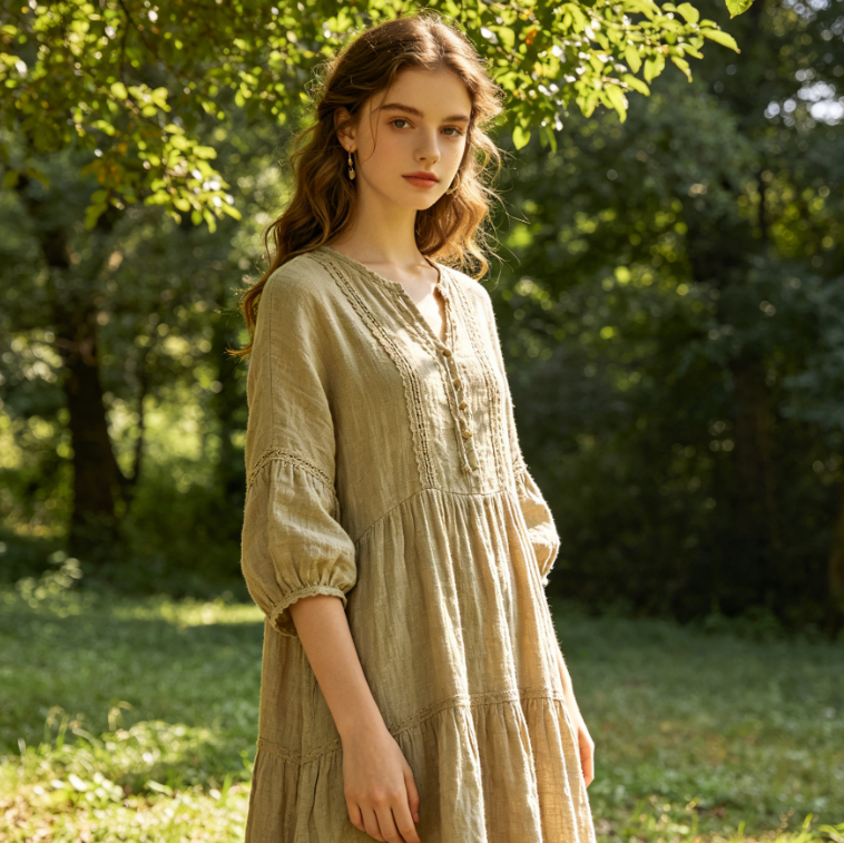 fixed pose hairstyle and background, linen forest style dress, fresh literary vibe