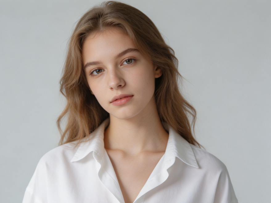 Original studio portrait of cool European teen with light makeup and white shirt, soft natural light, light gray solid background, clean and bright portrait texture, reference image for earring filter