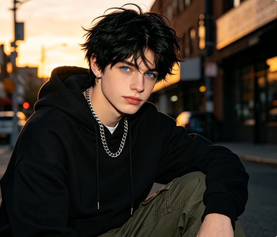 AI gender swapped handsome young male character, retains original facial contour, street dusk scene with hoodie overalls, same style 8K high definition conversion image