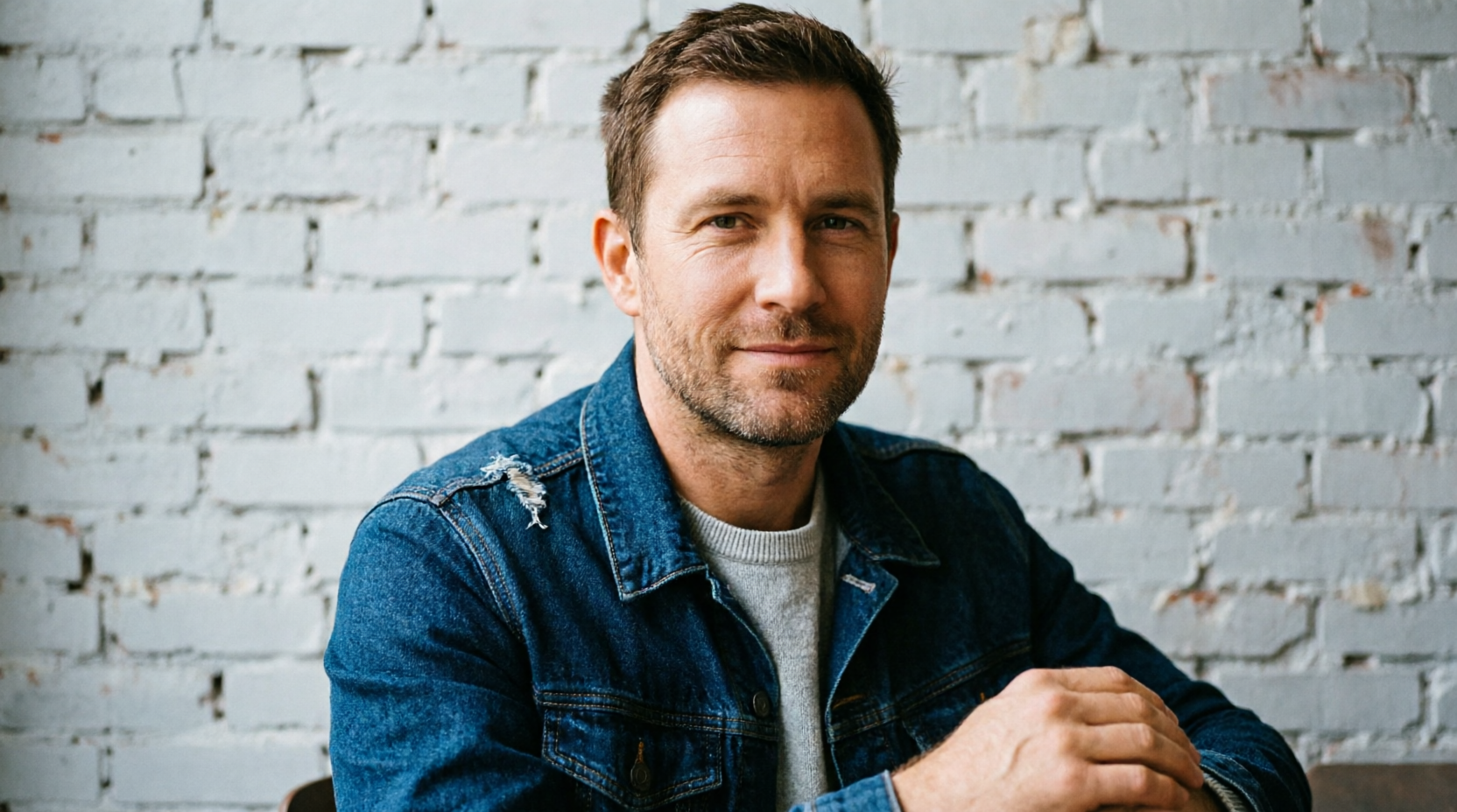 Realistic Caucasian male half-body portrait photography, wearing blue denim jacket and gray sweater against white brick wall background, natural lighting everyday realistic photo, professional portrait shot