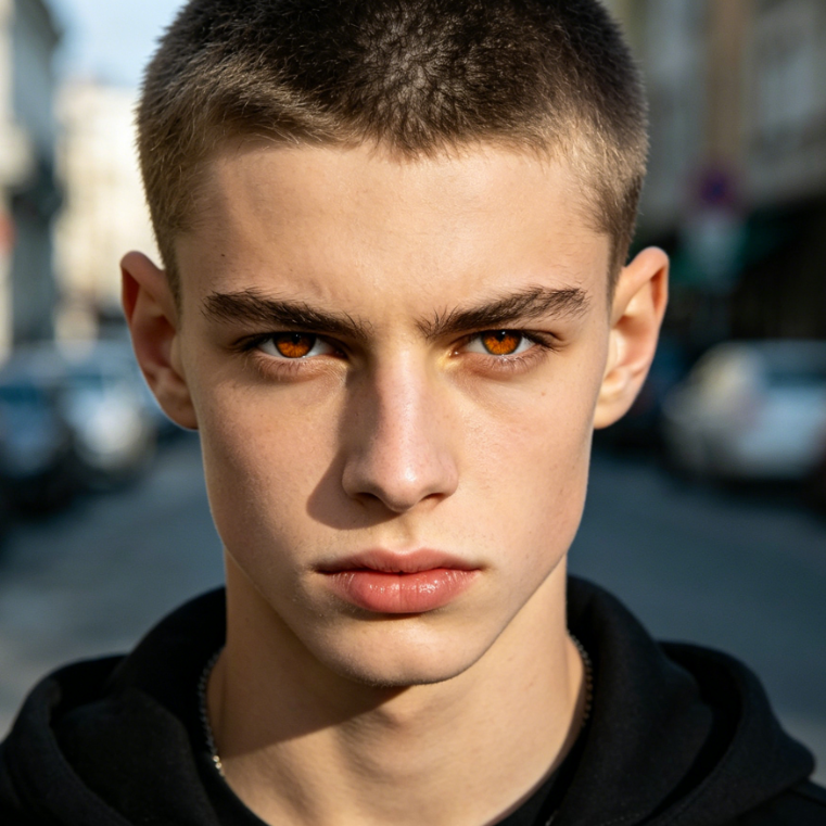 AI brown eye filter effect for a cool European American street-style teen, sharp facial features with neat short hair, deep amber brown eyes with intense gaze, outdoor natural light with blurred city background