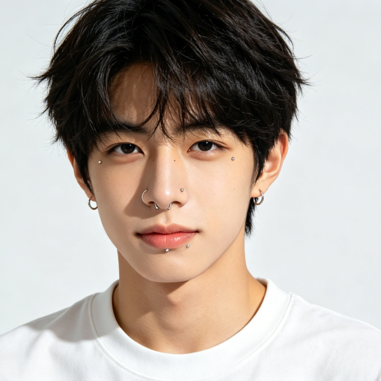 AI double nose stud filter effect, fresh teen studio portrait in casual wear, unchanged features, thin metal nose studs on both nostrils, natural and balanced in bright studio light
