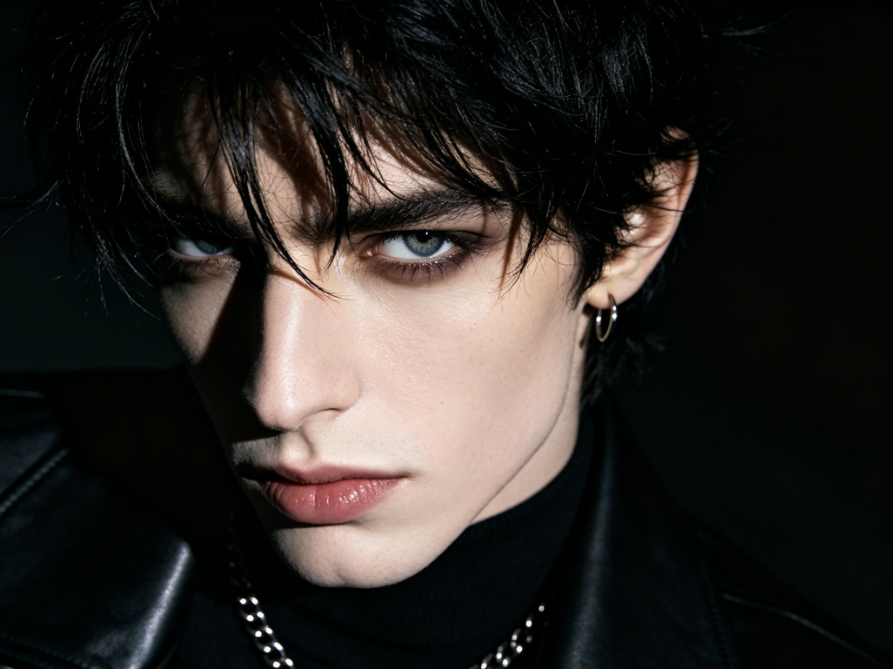 Dark style cool European American male portrait, sharp facial features with dark outfit, moody lighting fashion photoshoot, original image for AI Grinch filter transformation