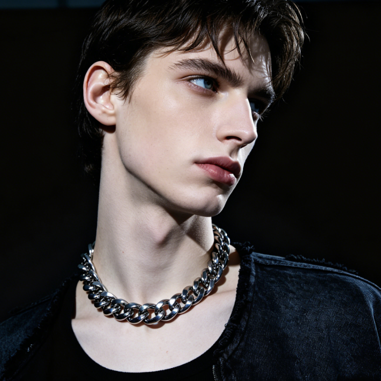 I jewelry addition effect, edgy European youth studio portrait, unchanged pose and outfit, thick silver curb chain necklace on neck, bold metallic texture perfectly matching cool style