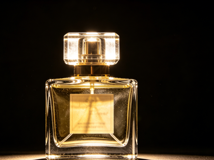 AI glare removal effect on perfume bottle photo, unchanged shape and lighting, strong reflections on glass removed, bottle transparency and label details restored, clean and clear result