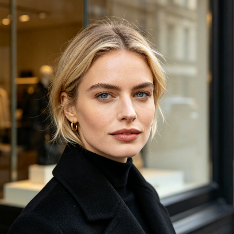 AI window glare removal effect on street portrait of European woman, standing in front of shop window, environmental reflections on glass eliminated under natural daylight, restoring facial details and window interior, clean and clear image