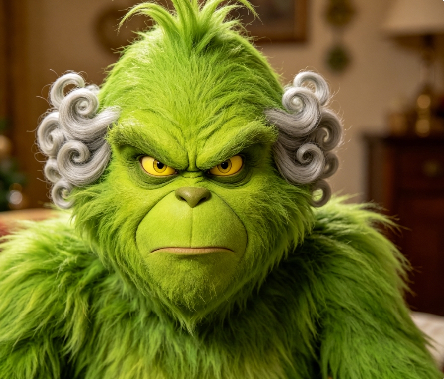 AI Grinch filter transformation effect, original facial contour retained, green furry skin classic elf look, Christmas weird style portrait with identical background