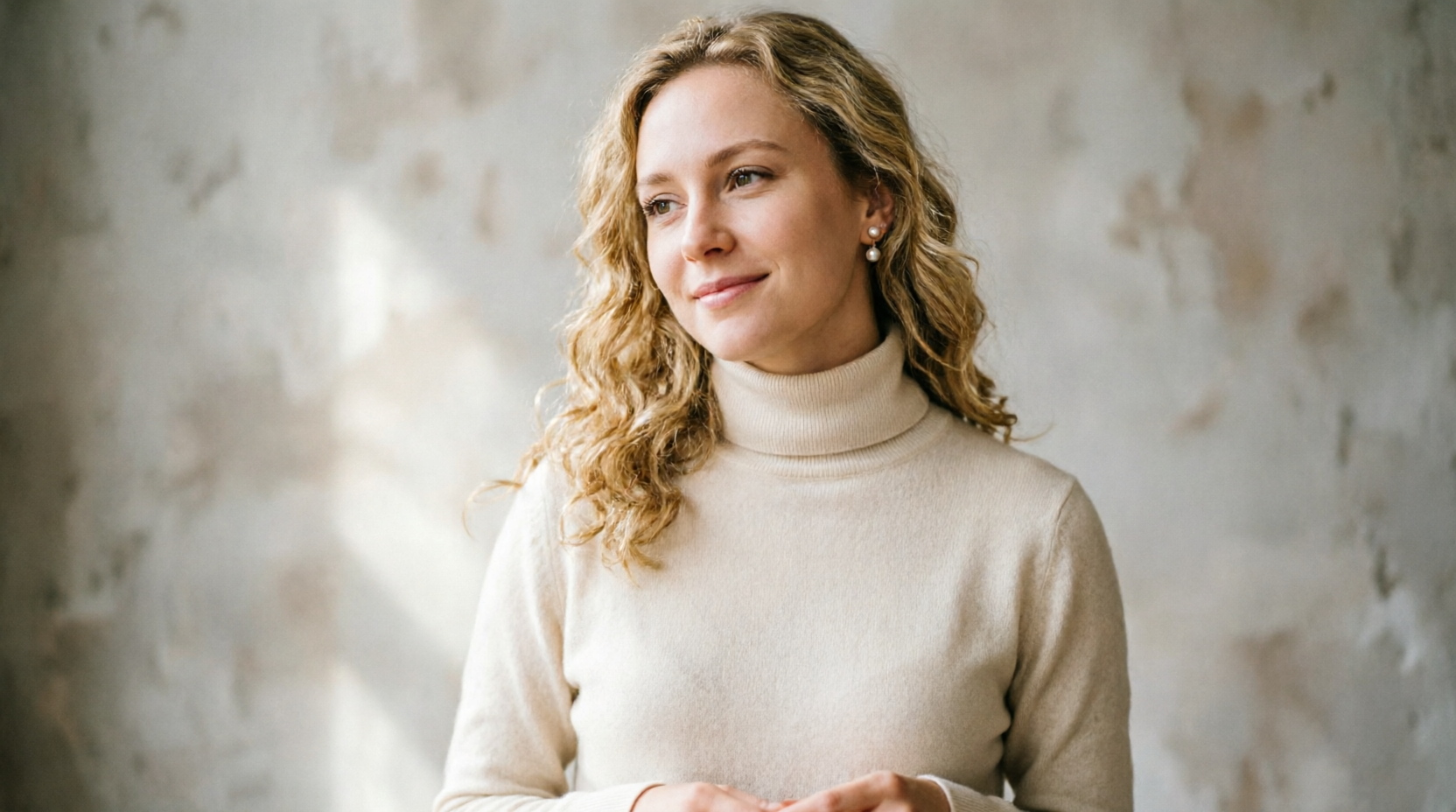 Young woman portrait photography, Caucasian female half-body portrait with golden curly hair, wearing beige turtleneck sweater, soft atmospheric image, natural lighting, professional portrait photography, 4:3 aspect ratio