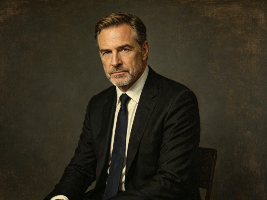 4:3 classical oil painting of the middle-aged European man in formal wear, retaining the original pose, expression, and composition, with thick oil paint strokes, vintage dark tones, and canvas texture, three-dimensional and delicate lighting, presenting an elegant retro realistic classical oil painting style.