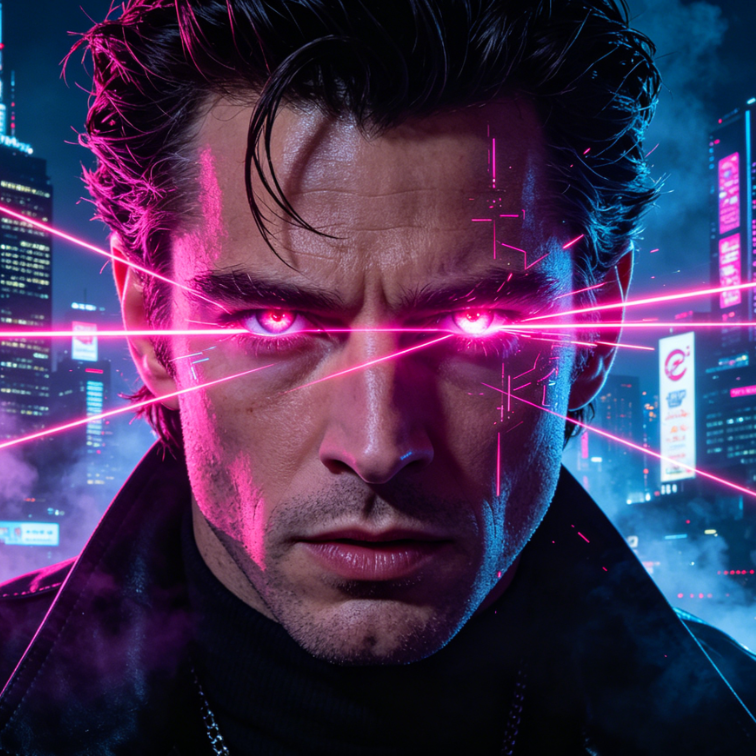 Vintage styled European character portrait, neon pink laser eyes matching retro cyber trend, rich layered picture with striking visual effect