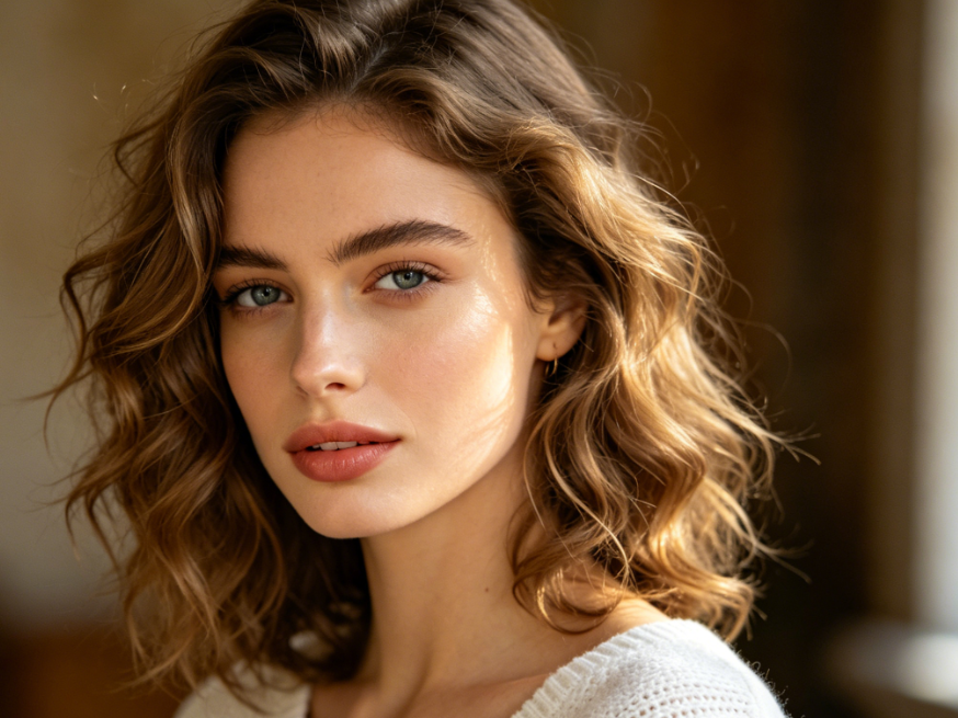 4:3 bust shot of a realistic photo of a European woman, gentle expression under natural light, light brown wavy hair, wearing a white knit top, against a warm blurred indoor background.