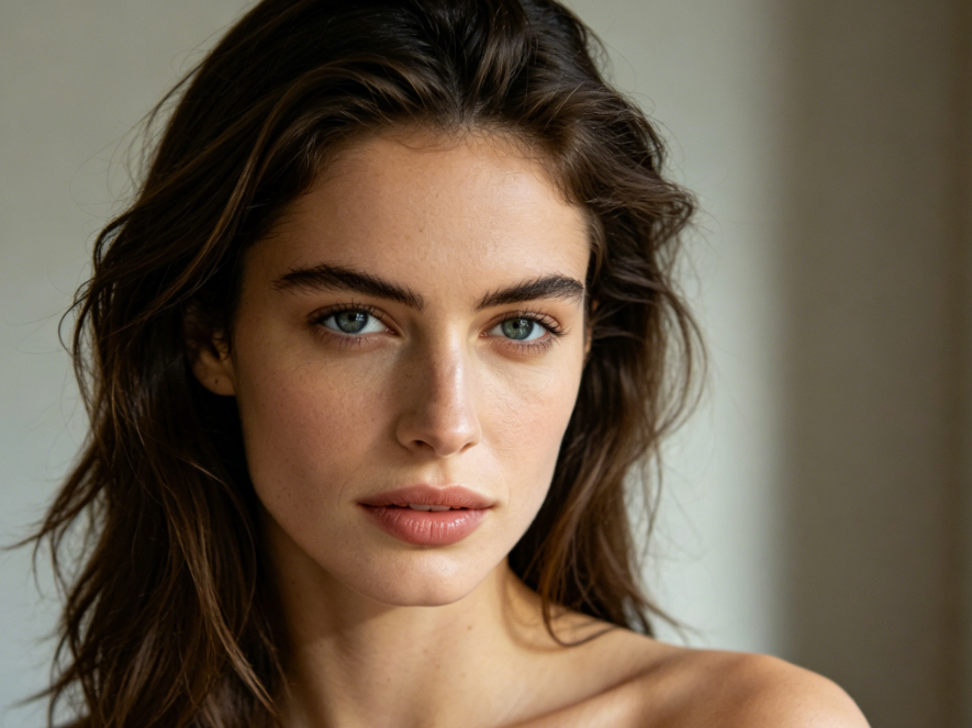 A realistic half-body portrait of a European woman with wavy dark brown hair, light blue eyes, and natural freckles, wearing soft nude pink lipstick, set against a soft light gray background.