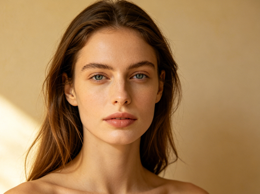Front portrait of the same woman with natural matte lips, no distinct highlights, preserving a plain and authentic look.