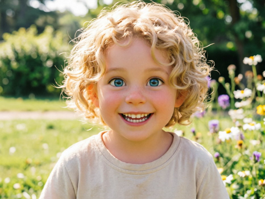 A realistic photo of a cute Caucasian child, with a lively and active expression, blonde curly hair, blue eyes, a bright smile, wearing a light-colored T-shirt, with a background of a sunny meadow and wildflowers.