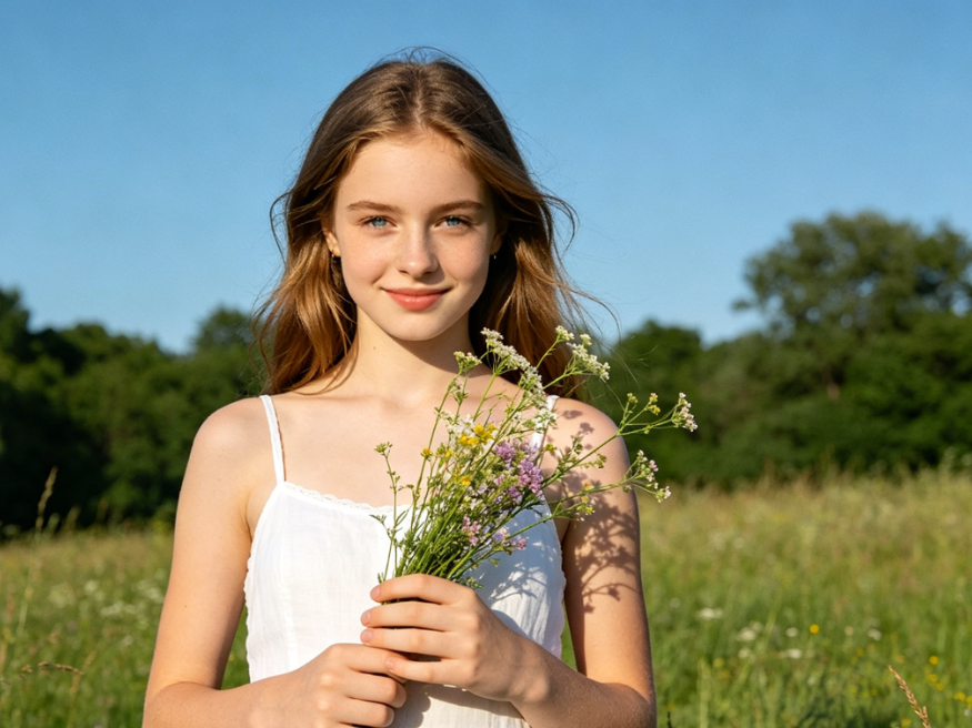 4:3 realistic photo of a European girl in a meadow, wearing a white camisole dress, holding wildflowers, smiling against a clear blue sky and grassy background, fresh and summery atmosphere.