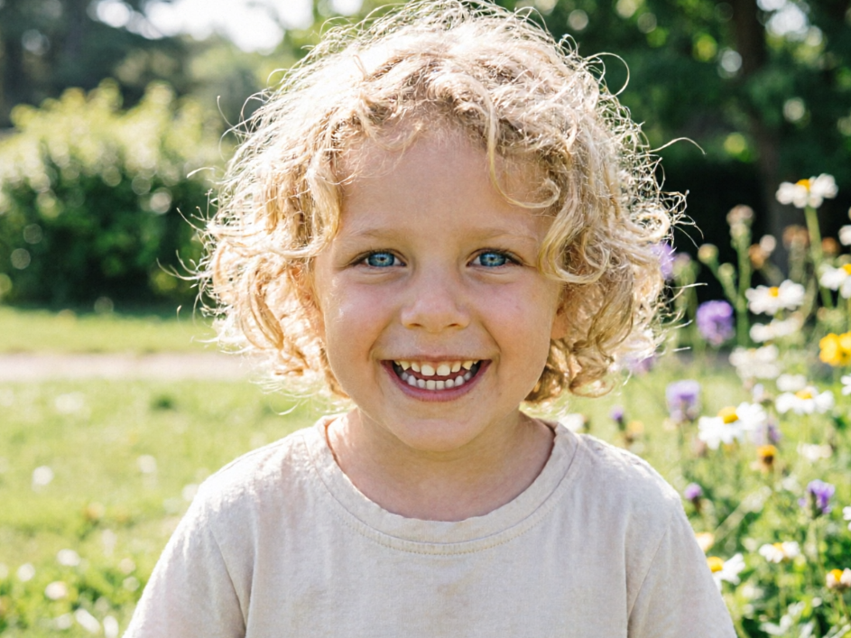 A realistic photo of a cute Caucasian child, with a lively and active expression, blonde curly hair, blue eyes, a bright smile, wearing a light-colored T-shirt, with a background of a sunny meadow and wildflowers.