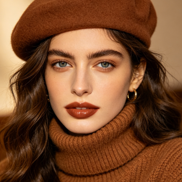 4:3 full-face portrait of a European woman in a brown beret and caramel turtleneck, wearing retro reddish-brown mirror glass lip gloss with natural sheen and lip texture, warm-toned lighting creating an autumn vibe.